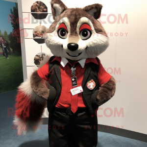 Red Raccoon mascot costume character dressed with a Vest and Tie pins