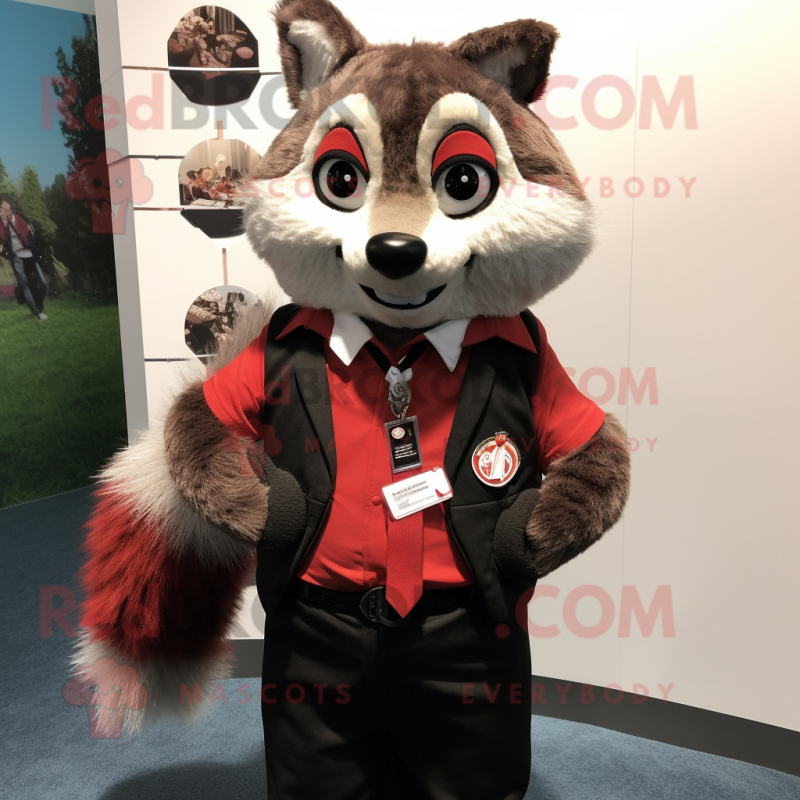 Red Raccoon mascot costume character dressed with a Vest and Tie pins