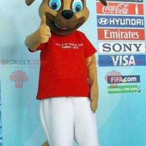 Mascote cachorro marrom em roupa vermelha e branca -