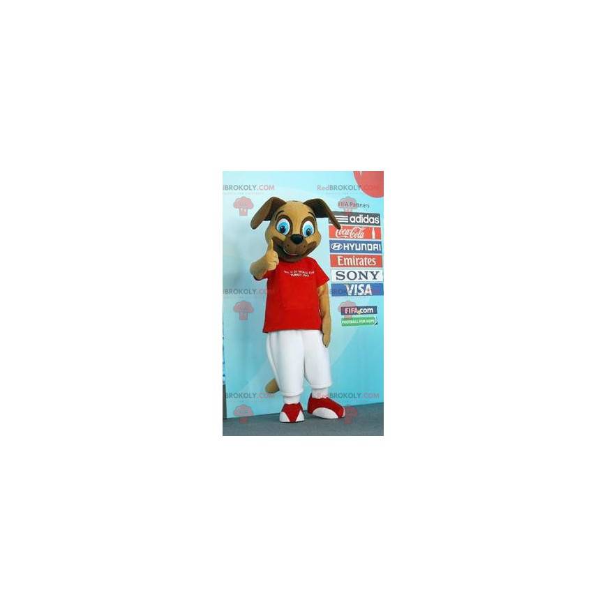 Mascote cachorro marrom em roupa vermelha e branca -