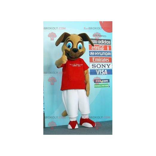 Brown dog mascot in red and white outfit - Redbrokoly.com