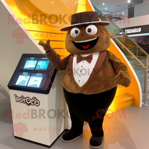 Brown Tacos mascot costume character dressed with a Tuxedo and Digital watches