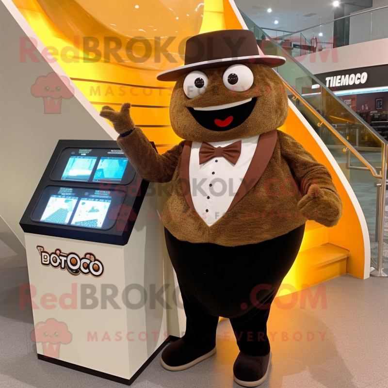 Brown Tacos mascot costume character dressed with a Tuxedo and Digital watches Brown Tacos mascot costume character dressed with a Tuxedo and Digital watches