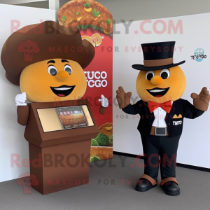 Brown Tacos mascot costume character dressed with a Tuxedo and Digital watches