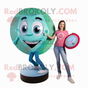 Cyan Plate Spinner mascot costume character dressed with a Mom Jeans and Clutch bags