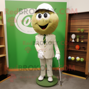 Olive Golf Ball mascot costume character dressed with a Blazer and Shoe clips