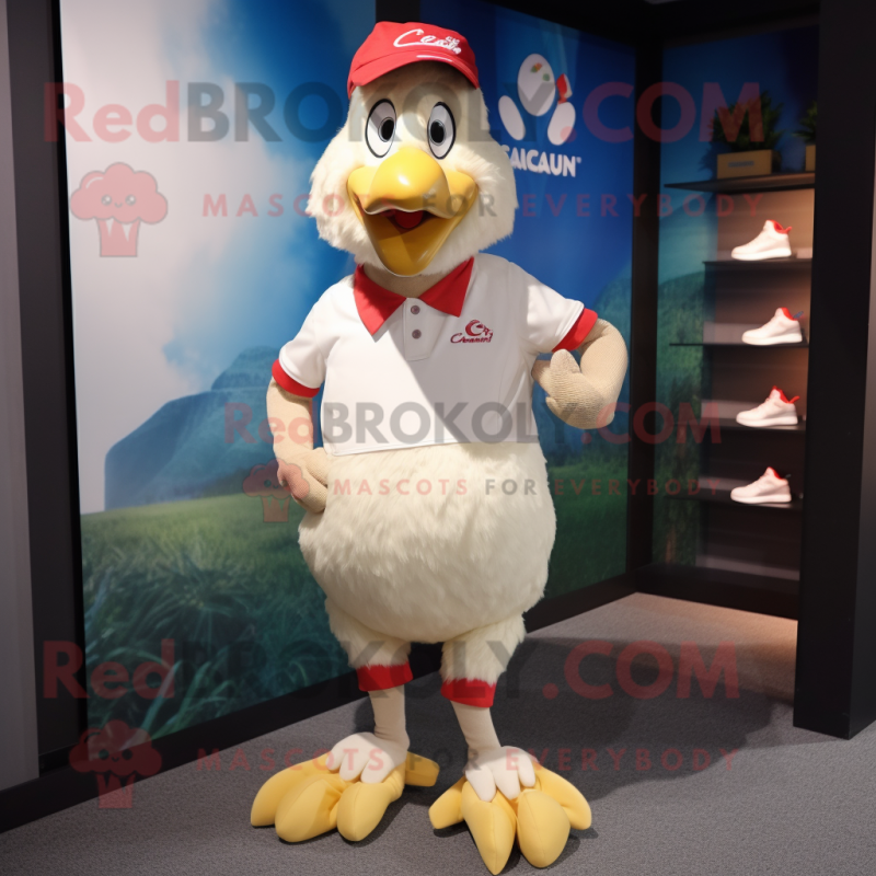 Cream Hens mascot costume character dressed with a Running Shorts and Caps Cream Hens mascot costume character dressed with a Running Shorts and Caps