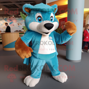 Turquoise Beaver mascot costume character dressed with a Jeans and Wraps