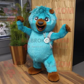 Turquoise Beaver mascot costume character dressed with a Jeans and Wraps