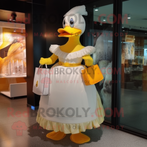 Yellow Geese mascot costume character dressed with a Wedding Dress and Clutch bags