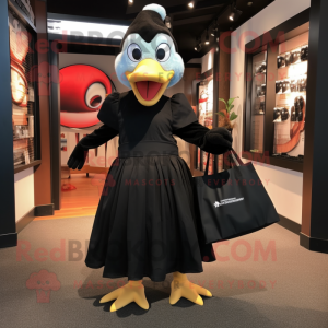 Black Goose mascot costume character dressed with a Pleated Skirt and Tote bags