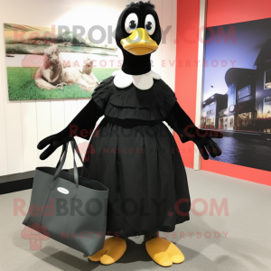 Black Goose mascot costume character dressed with a Pleated Skirt and Tote bags