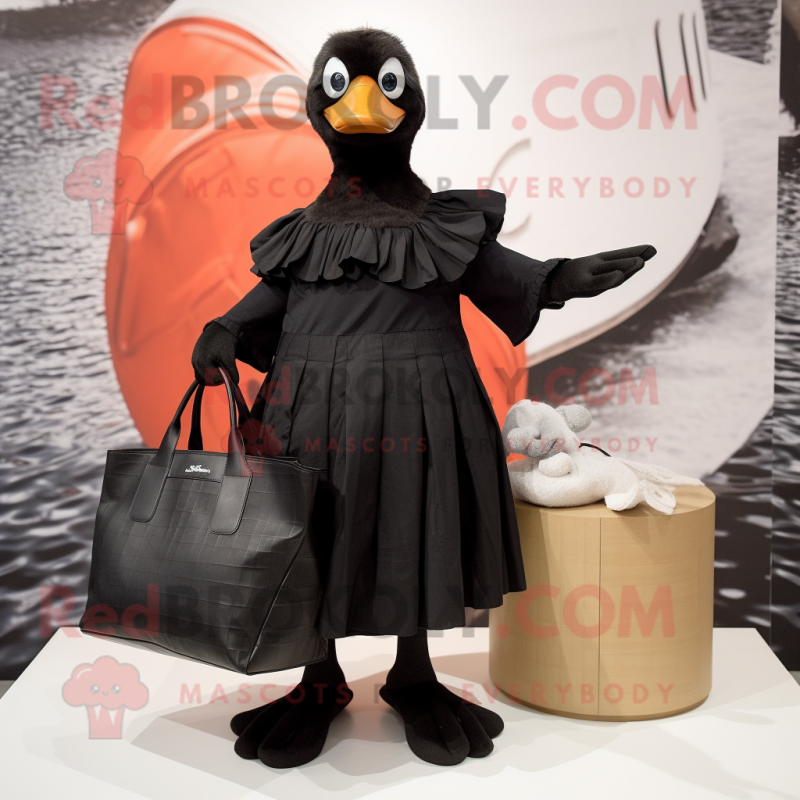 Black Goose mascot costume character dressed with a Pleated Skirt and Tote bags Black Goose mascot costume character dressed with a Pleated Skirt and Tote bags
