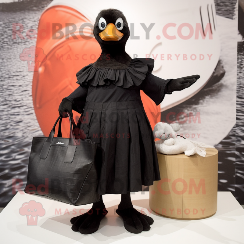 Black Goose mascot costume character dressed with a Pleated Skirt and Tote bags