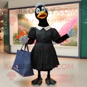 Black Goose mascot costume character dressed with a Pleated Skirt and Tote bags