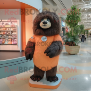 Peach Sloth Bear mascot costume character dressed with a Graphic Tee and Mittens