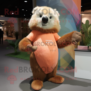 Peach Sloth Bear mascot costume character dressed with a Graphic Tee and Mittens