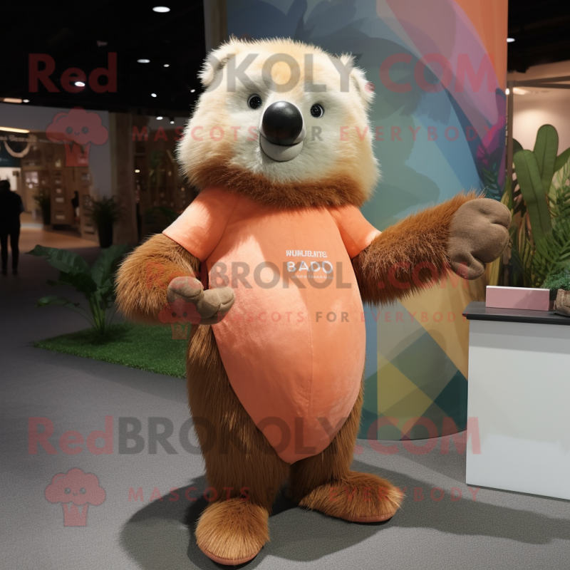 Peach Sloth Bear mascot costume character dressed with a Graphic Tee and Mittens Peach Sloth Bear mascot costume character dressed with a Graphic Tee and Mittens