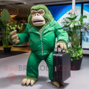 Green Gorilla mascot costume character dressed with a Windbreaker and Briefcases