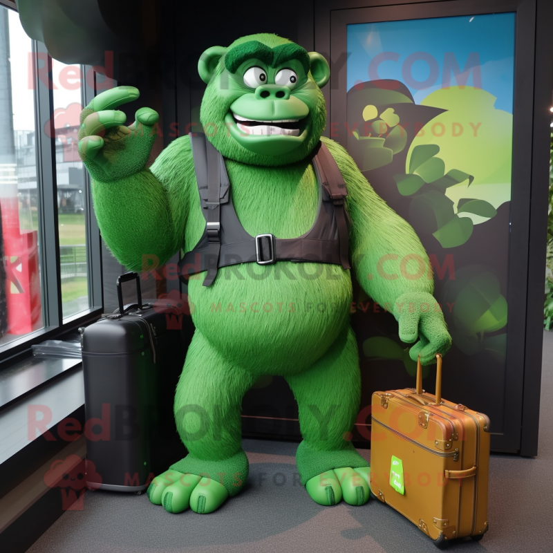 Green Gorilla mascot costume character dressed with a Windbreaker and Briefcases