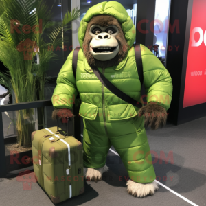 Green Gorilla mascot costume character dressed with a Windbreaker and Briefcases