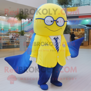 Lemon Yellow Blue Whale mascot costume character dressed with a Dress Shirt and Eyeglasses