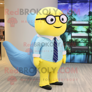 Lemon Yellow Blue Whale mascot costume character dressed with a Dress Shirt and Eyeglasses