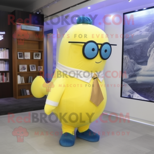 Lemon Yellow Blue Whale mascot costume character dressed with a Dress Shirt and Eyeglasses