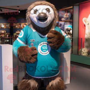 Teal Giant Sloth mascot costume character dressed with a Rugby Shirt and Rings