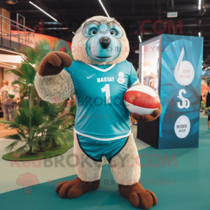 Teal Giant Sloth mascot costume character dressed with a Rugby Shirt and Rings