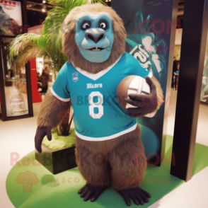 Teal Giant Sloth mascot costume character dressed with a Rugby Shirt and Rings