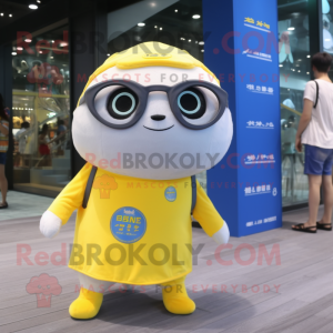 Lemon Yellow Seal mascot costume character dressed with a T-Shirt and Eyeglasses