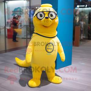 Lemon Yellow Seal mascot costume character dressed with a T-Shirt and Eyeglasses