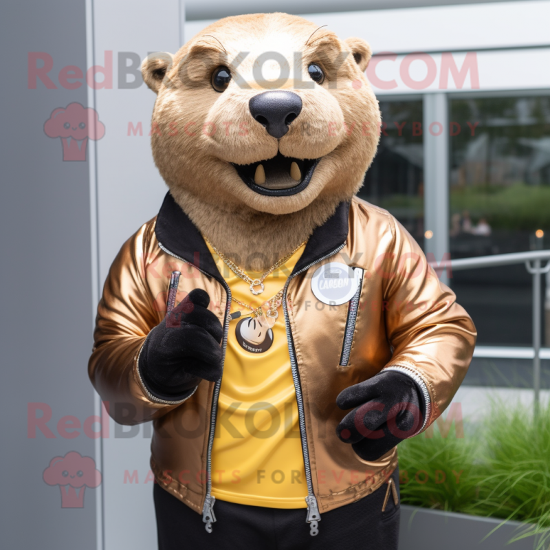 Gold Otter mascot costume character dressed with a Leather Jacket and Necklaces Gold Otter mascot costume character dressed with a Leather Jacket and Necklaces