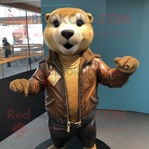 Gold Otter mascot costume character dressed with a Leather Jacket and Necklaces