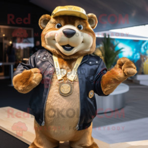 Gold Otter mascot costume character dressed with a Leather Jacket and Necklaces