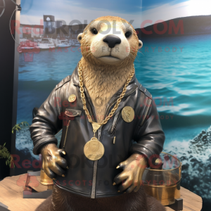 Gold Otter mascot costume character dressed with a Leather Jacket and Necklaces