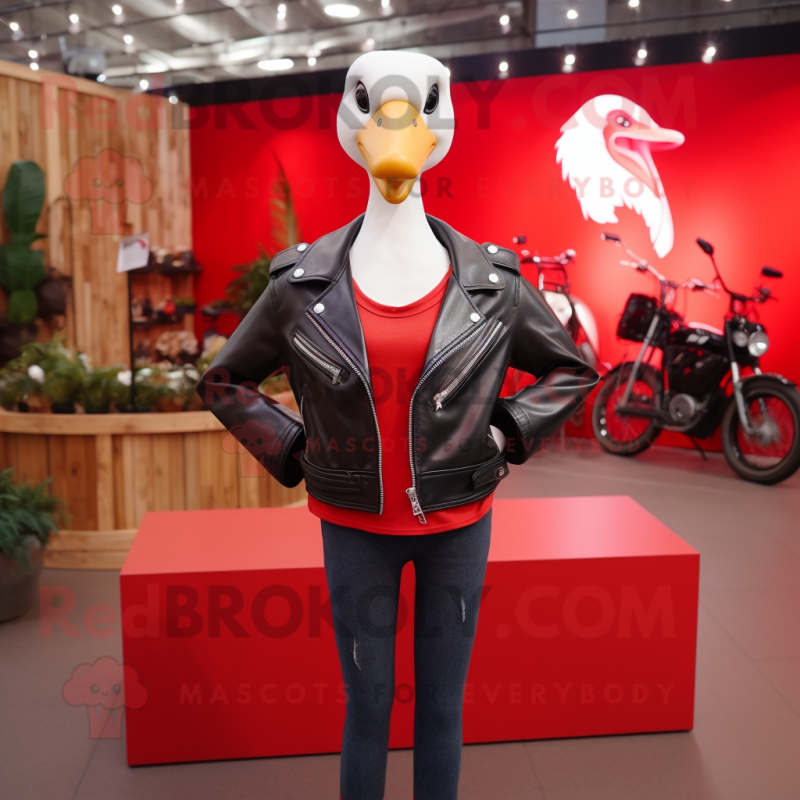 Red Swans mascot costume character dressed with a Leather Jacket and Earrings