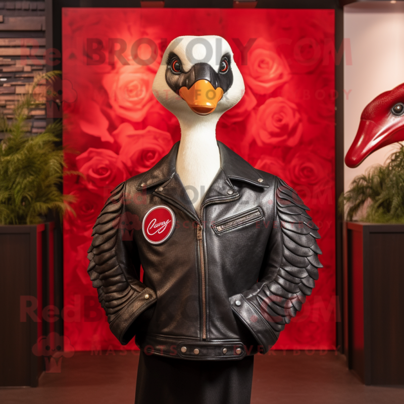 Red Swans mascot costume character dressed with a Leather Jacket and Earrings