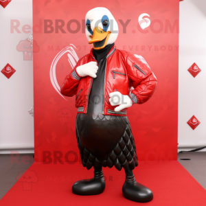 Red Swans mascot costume character dressed with a Leather Jacket and Earrings