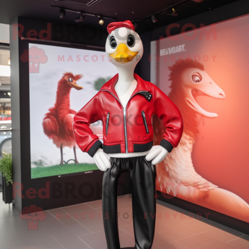 Red Swans mascot costume character dressed with a Leather Jacket and Earrings Red Swans mascot costume character dressed with a Leather Jacket and Earrings