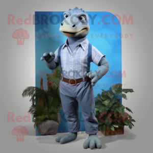 Gray Iguanodon mascot costume character dressed with a Chambray Shirt and Shoe laces