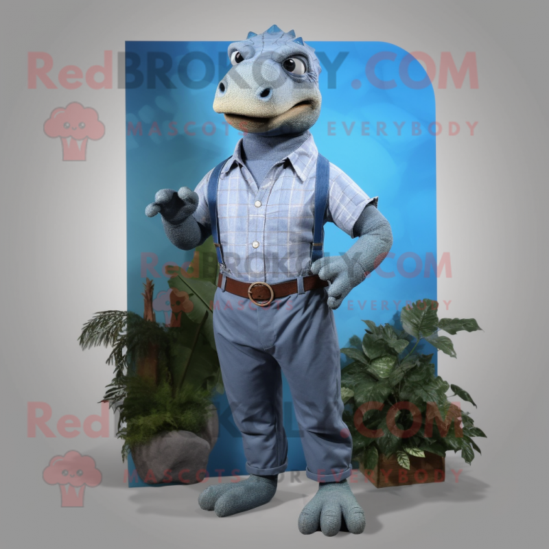 Gray Iguanodon mascot costume character dressed with a Chambray Shirt and Shoe laces Gray Iguanodon mascot costume character dressed with a Chambray Shirt and Shoe laces