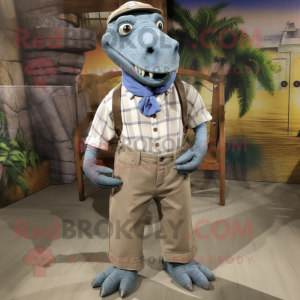 Gray Iguanodon mascot costume character dressed with a Chambray Shirt and Shoe laces