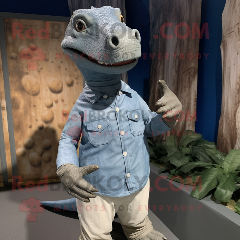 Gray Iguanodon mascot costume character dressed with a Chambray Shirt and Shoe laces