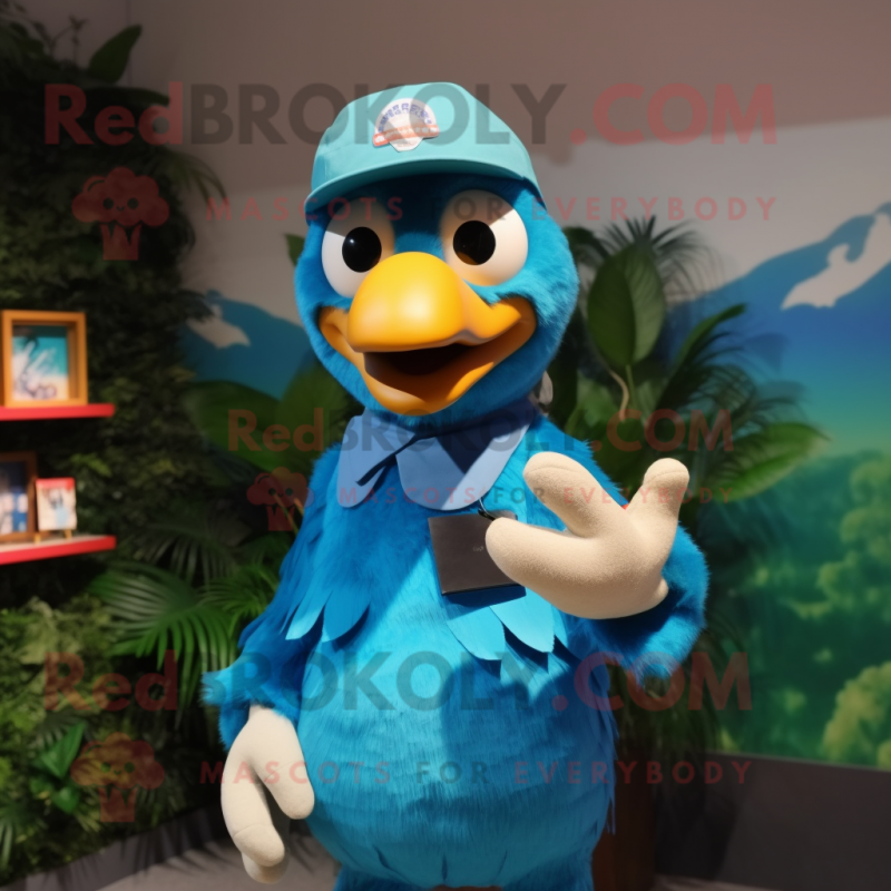 Cyan Dodo Bird mascot costume character dressed with a Polo Shirt and Berets Cyan Dodo Bird mascot costume character dressed with a Polo Shirt and Berets