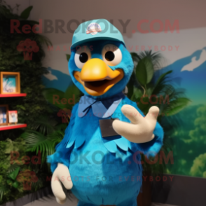 Cyan Dodo Bird mascot costume character dressed with a Polo Shirt and Berets