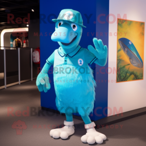 Cyan Dodo Bird mascot costume character dressed with a Polo Shirt and Berets