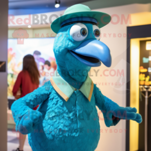 Cyan Dodo Bird mascot costume character dressed with a Polo Shirt and Berets