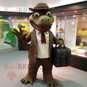 Brown Crocodile mascot costume character dressed with a Suit Pants and Clutch bags